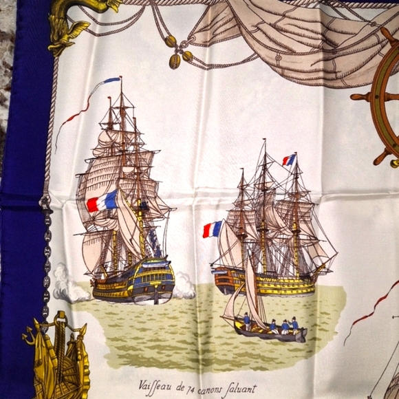 🔱 Rare Hermès authentic like new silk scarf w/envelope. Vaisseaux et Frégates. - Picture 13 of 17